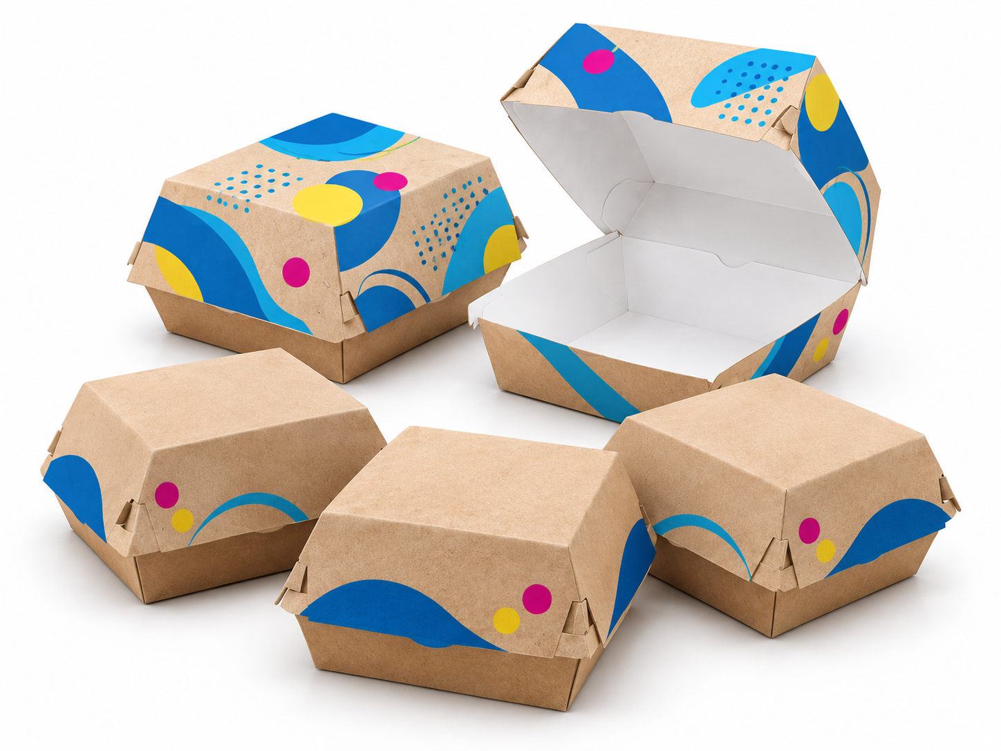 Burger boxes with illustrative Quick Printing brand colours