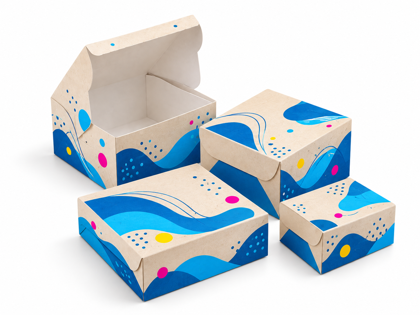 Cake boxes with illustrative Quick Printing brand colours