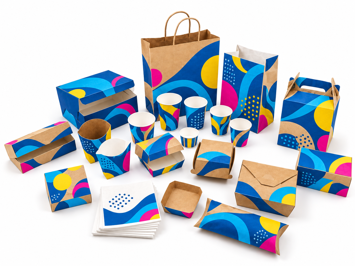 Blue, cyan, magenta and yellow cups, takeaway boxes and paper bags
