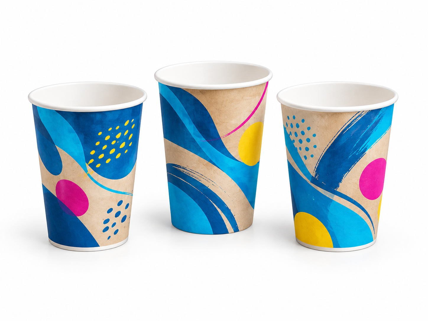 Single-wall cold paper cups with illustrative Quick Printing brand colours