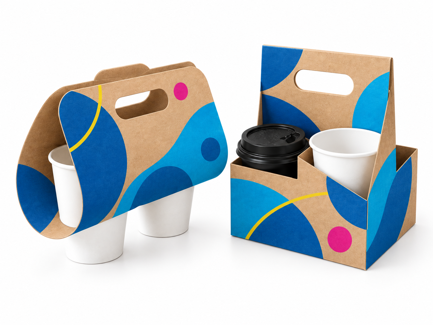 Cup holders with illustrative Quick Printing brand colours