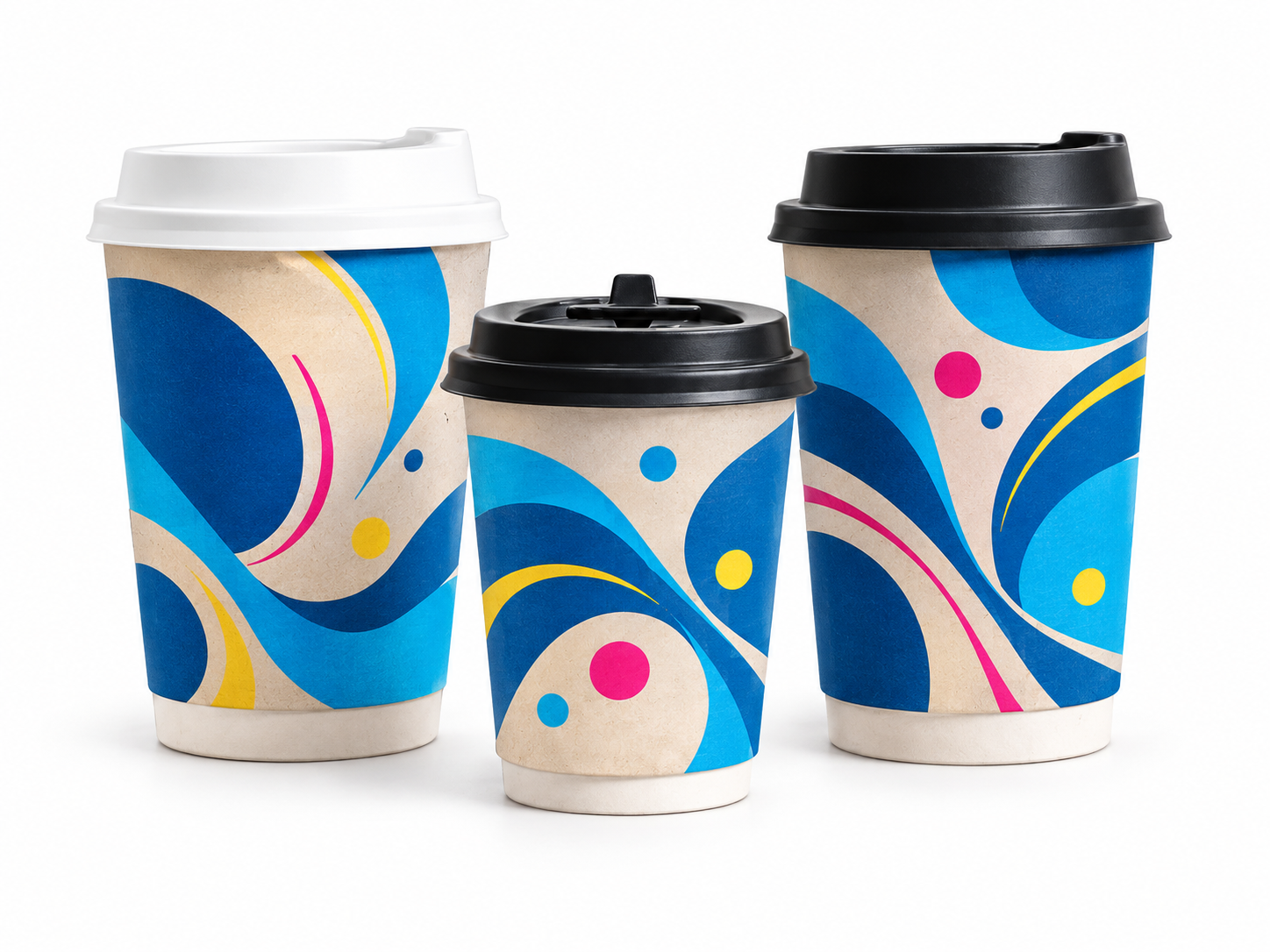 Double-wall paper cups with illustrative Quick Printing brand colours