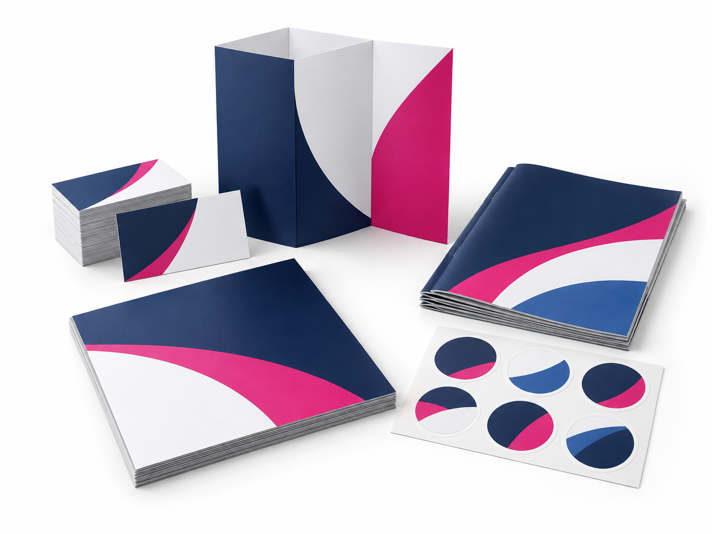 Navy, white and magenta business cards, brochures, flyers and booklets