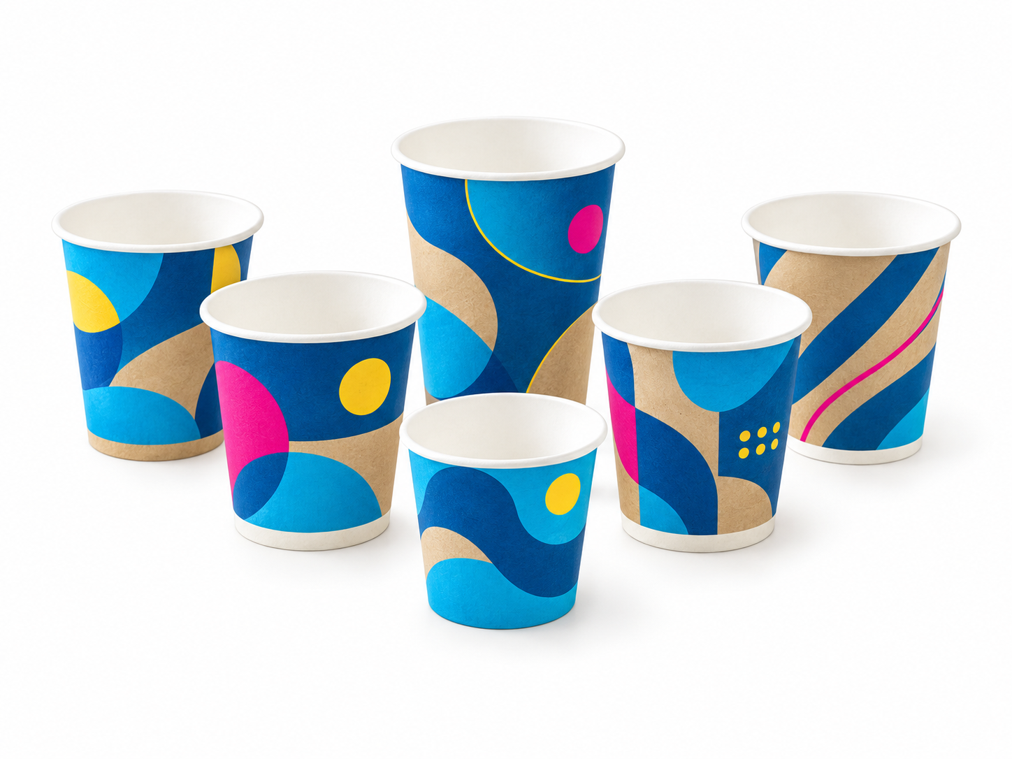 Single-wall hot paper cups with illustrative Quick Printing brand colours