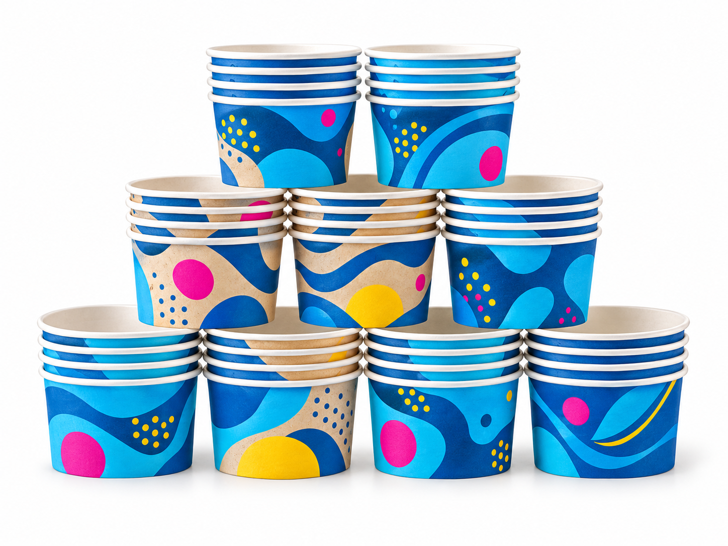 Ice cream cups with illustrative Quick Printing brand colours