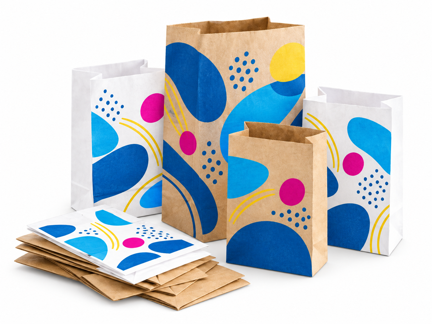 Paper bags with illustrative Quick Printing brand colours