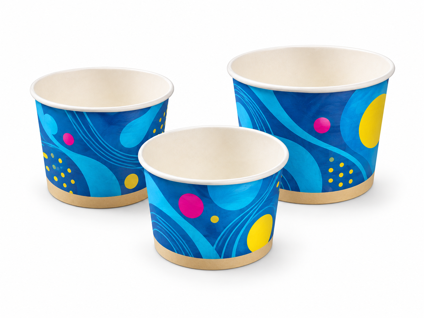Paper bowls with illustrative Quick Printing brand colours