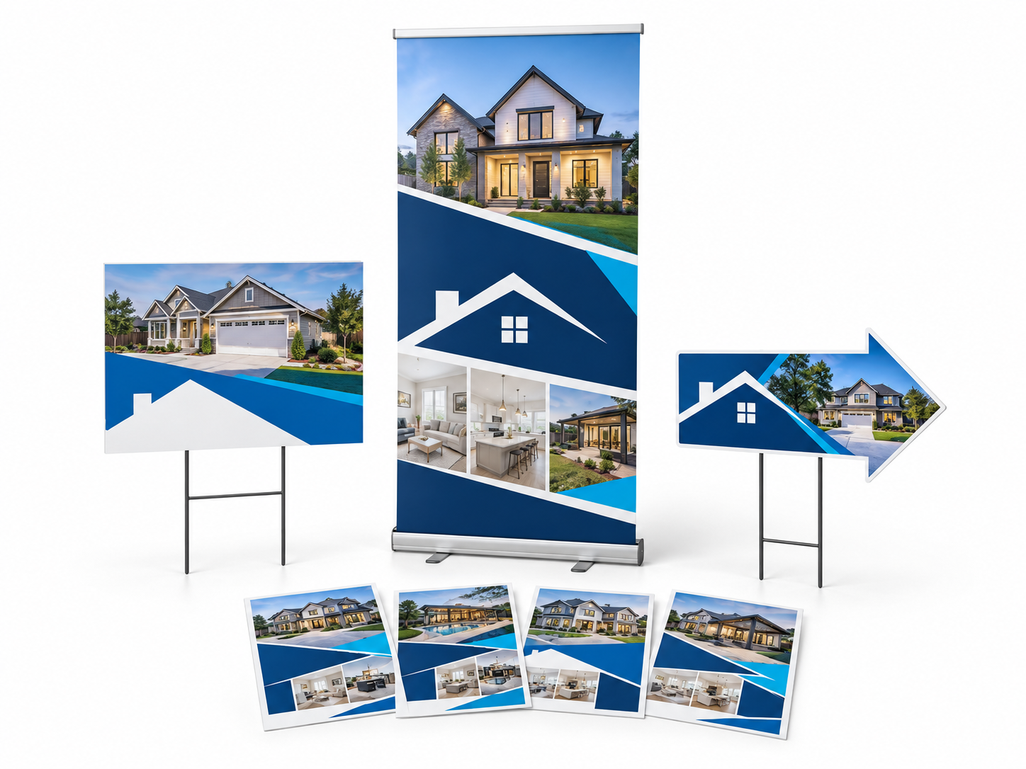 Blue and white real estate lawn signs, a roll-up banner, directional signs and property feature sheets