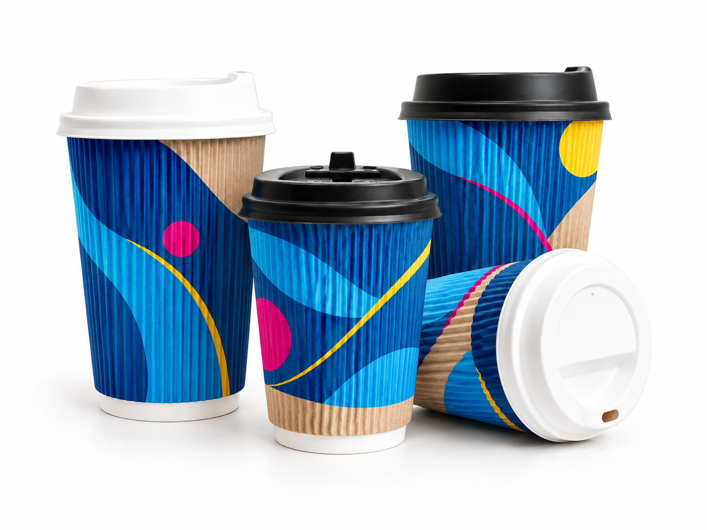 Ripple-wall paper cups with illustrative Quick Printing brand colours