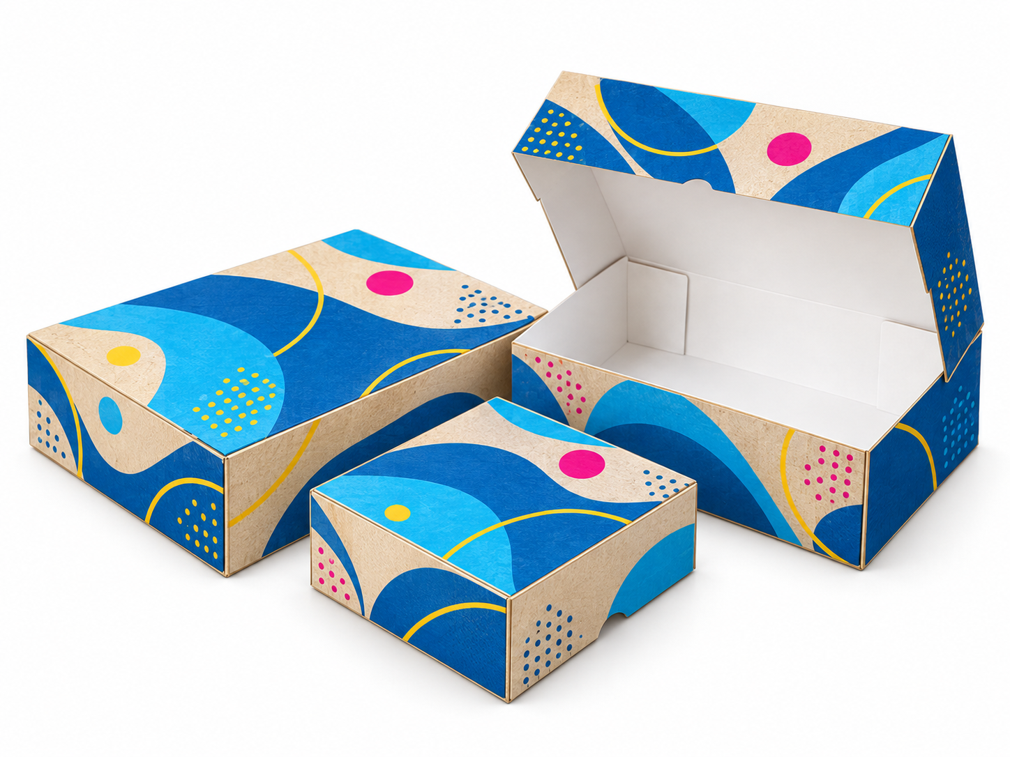 Sweet boxes with illustrative Quick Printing brand colours